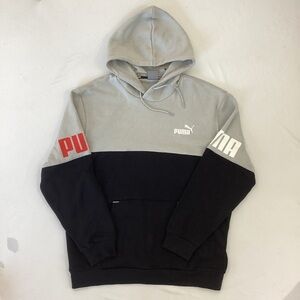 PUMA Colorblock Hoodie men’s L Black Gray Big Logo Sleeve Pullover Sweatshirt
